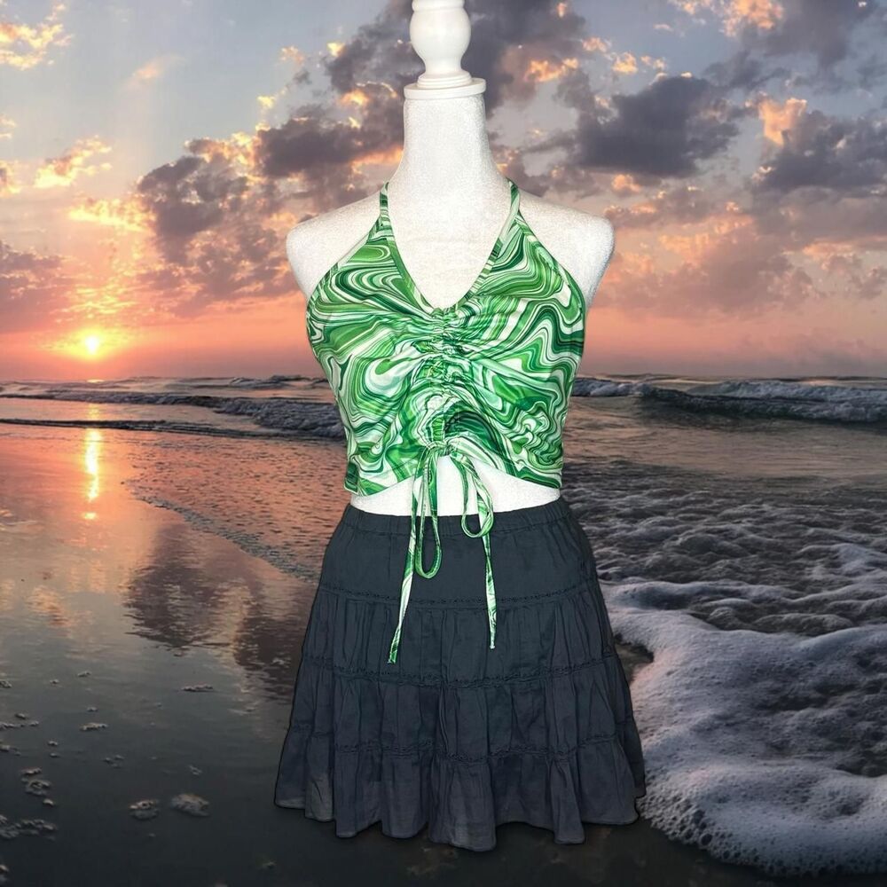 Green White Marbled Halter Crop Top Large Ruched Front Tie Detail Festival Y2K